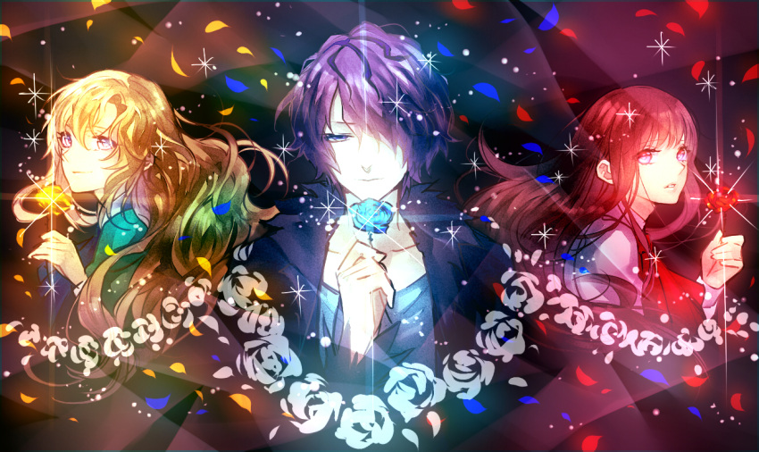 2girls, blonde_hair, blue_eyes, blue_rose, brown_hair, dress, eve_(ib), flower