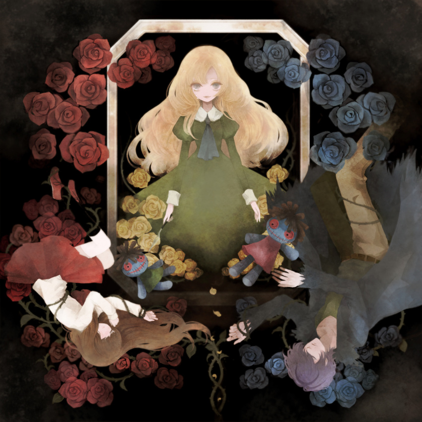 2girls, blonde_hair, blue_eyes, blue_rose, brown_hair, closed_eyes, doll, dress