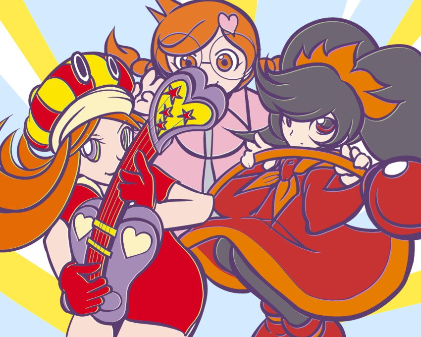 3girls, ashley, black_hair, braid, brown_eyes, dress, glasses, gloves, green_eyes, guitar, hair_ornament, hat, heart, holding, instrument, kyoro1230, long_hair, mona, mona_(warioware), multiple_girls, nintendo, official_style, orange_hair, penny_crygor, red_eyes, smile, staff, thighhighs, twin_braids, twintails, v, warioware, young