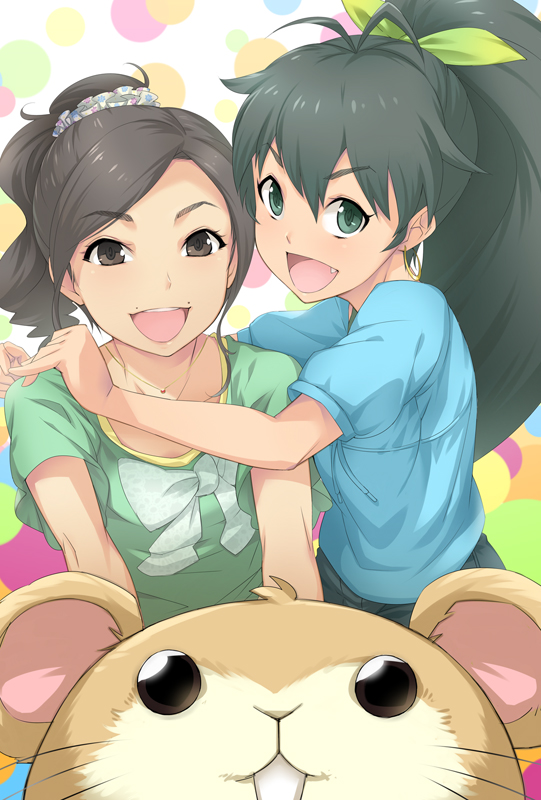 :d, black_hair, brown_eyes, brown_hair, don_michael, earrings, fang, ganaha_hibiki