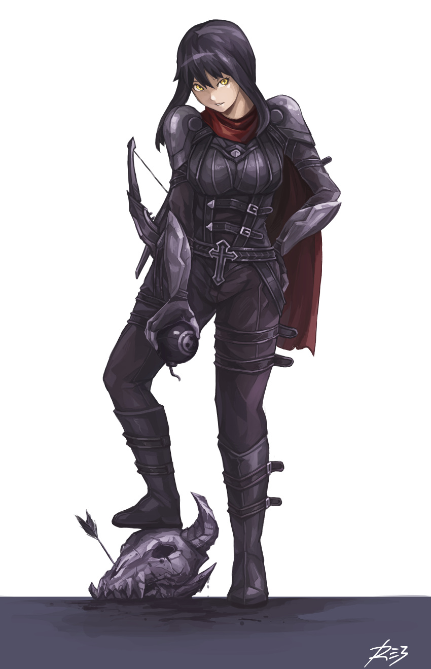 armor, arrow, black_hair, bomb, bow_(weapon), cape, crossbow, demon_hunter, diablo, diablo_3, highres, rebell, short_hair, skull, weapon, yellow_eyes