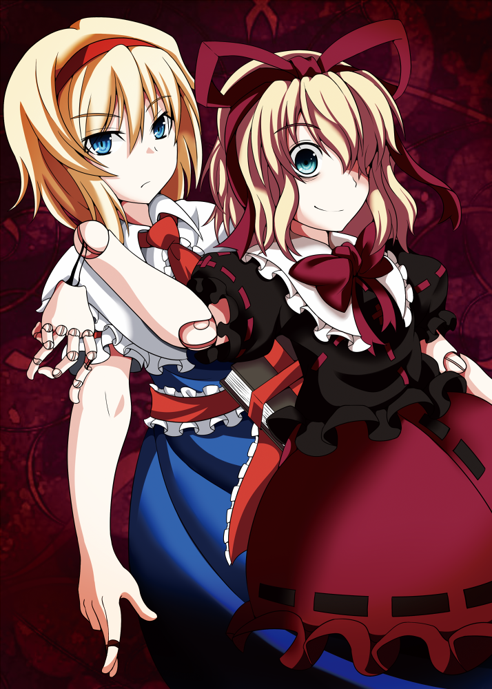 1girl, alice_margatroid, bags_under_eyes, blonde_hair, blue_eyes, bow, capelet, detached_hand