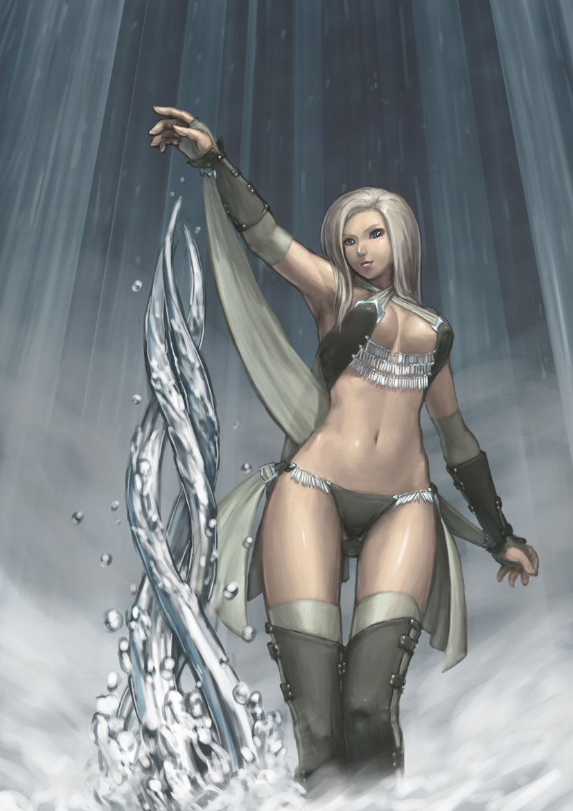 blonde_hair, blue_eyes, breasts, fingerless_gloves, gloves, ice, light_smile, long_hair
