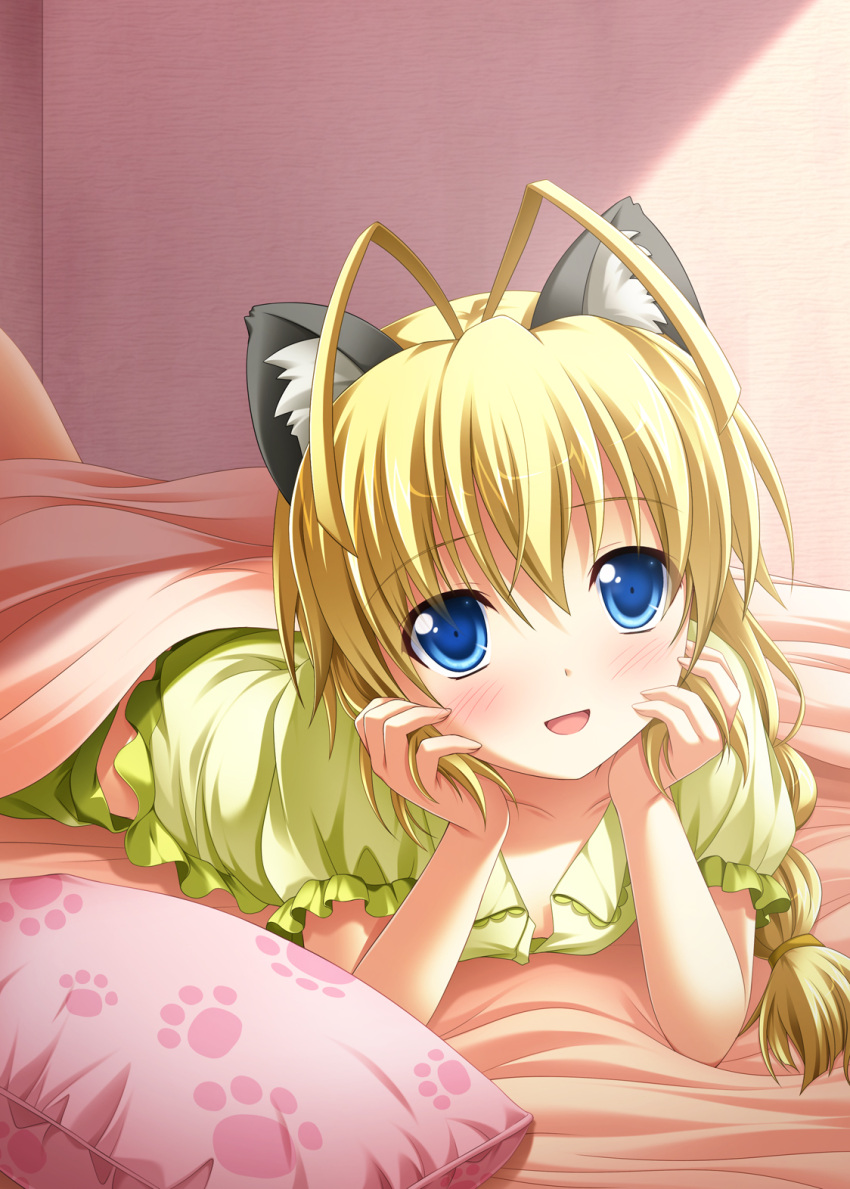 ahoge, animal_ears, antenna_hair, bed, blonde_hair, blue_eyes, blush, braid