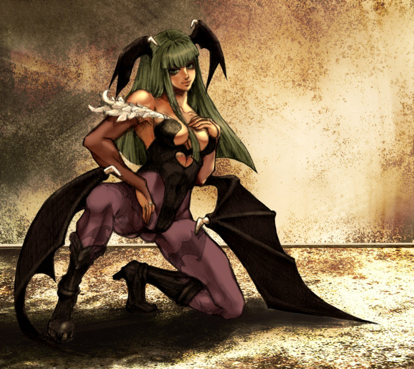 bangs, bare_shoulders, bat_wings, blunt_bangs, boots, breasts, bridal_gauntlets, capcom, cleavage, demon_girl, graphite_(medium), green_hair, hana_nashi, head_wings, high_heels, karin_(mashroom_panda), kneeling, long_hair, morrigan_aensland, pantyhose, purple_legwear, shoes, solo, succubus, traditional_media, vampire_(game), wings