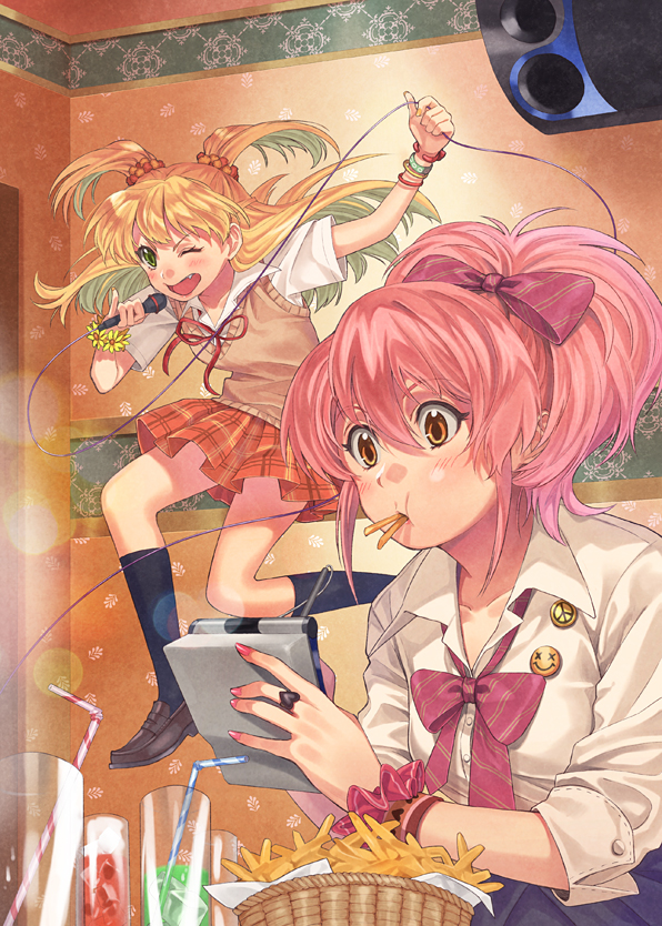 blonde_hair, bow, drink, fang, food, french_fries, green_eyes, hair_bow