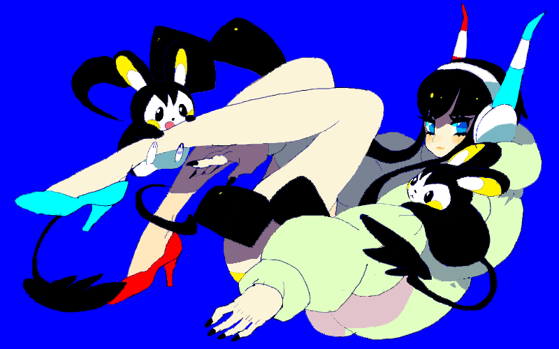 1girl, bare_legs, black_hair, blue_background, blue_eyes, coat, emolga, goruti