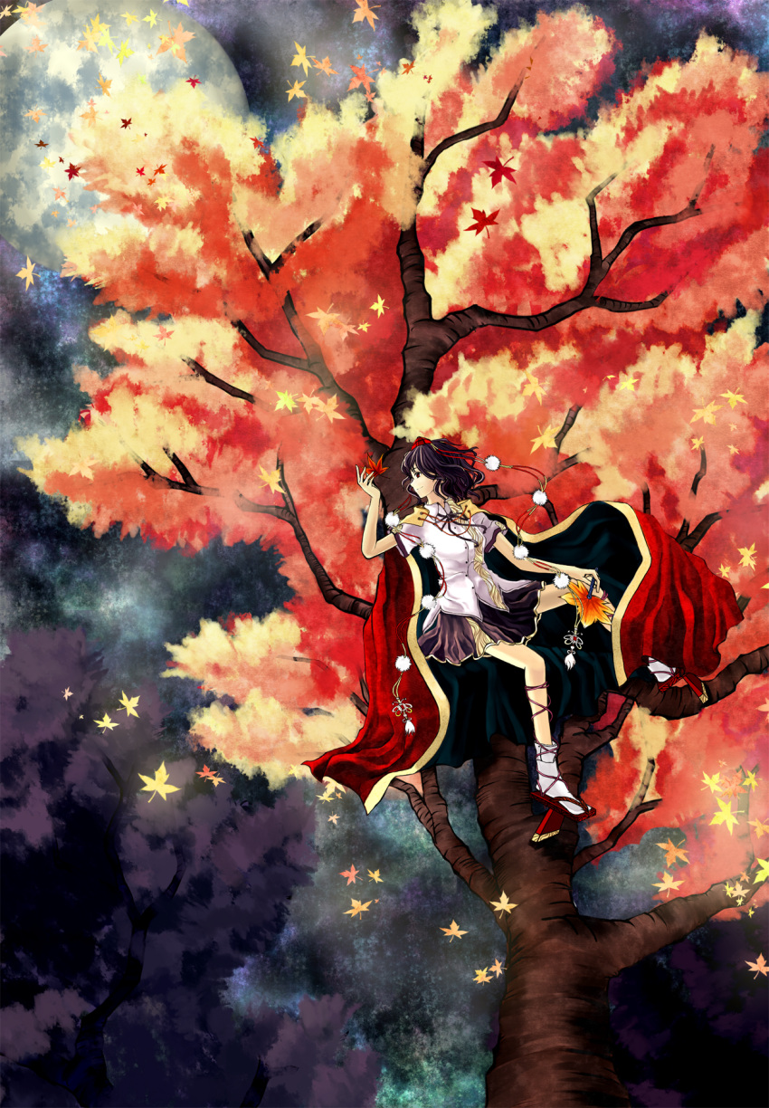 autumn, black_hair, cape, cilo, full_moon, geta, hat, highres, leaf, moon, red_eyes, shameimaru_aya, solo, tengu, tengu-geta, tokin_hat, touhou, tree
