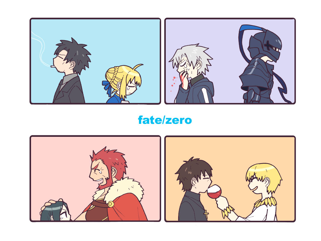 6+boys, armor, berserker_(fate/zero), blood, cape, chibi, ebibeam, emiya_kiritsugu, fate/zero, fate_(series), gilgamesh, kotomine_kirei, matou_kariya, multiple_boys, rider_(fate/zero), saber, waver_velvet, wine