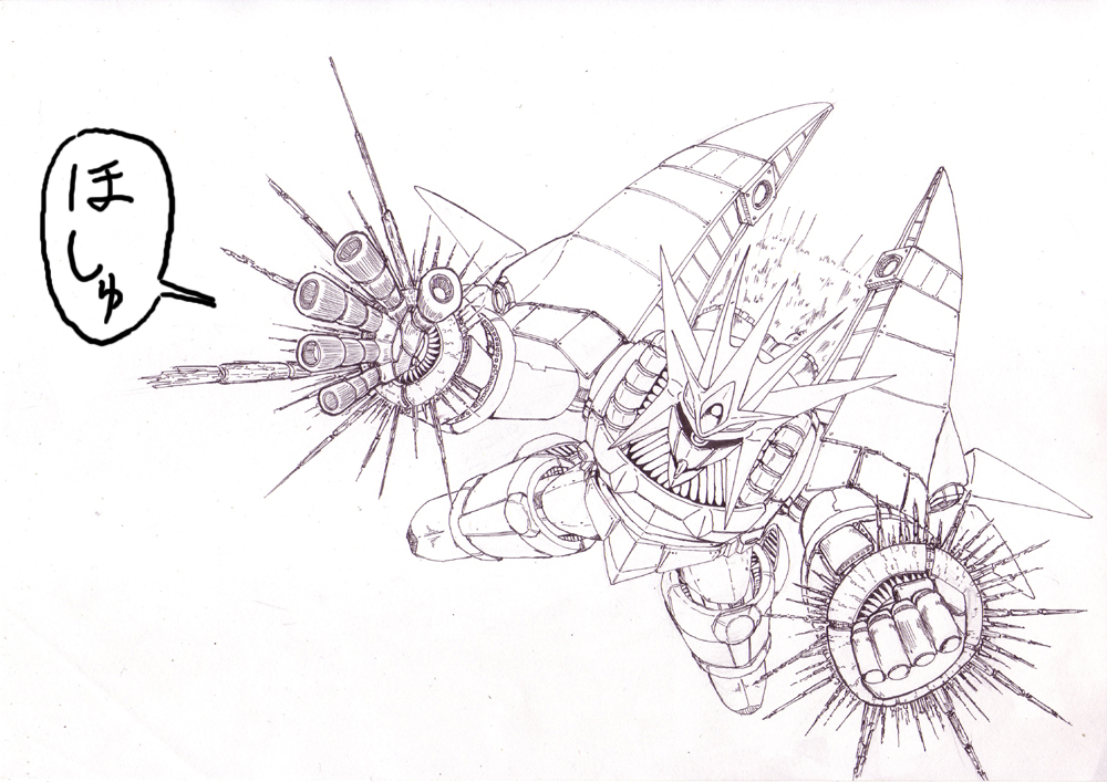 gunbuster, hashibami_arata, mecha, monochrome, no_humans, top_wo_nerae!, traditional_media