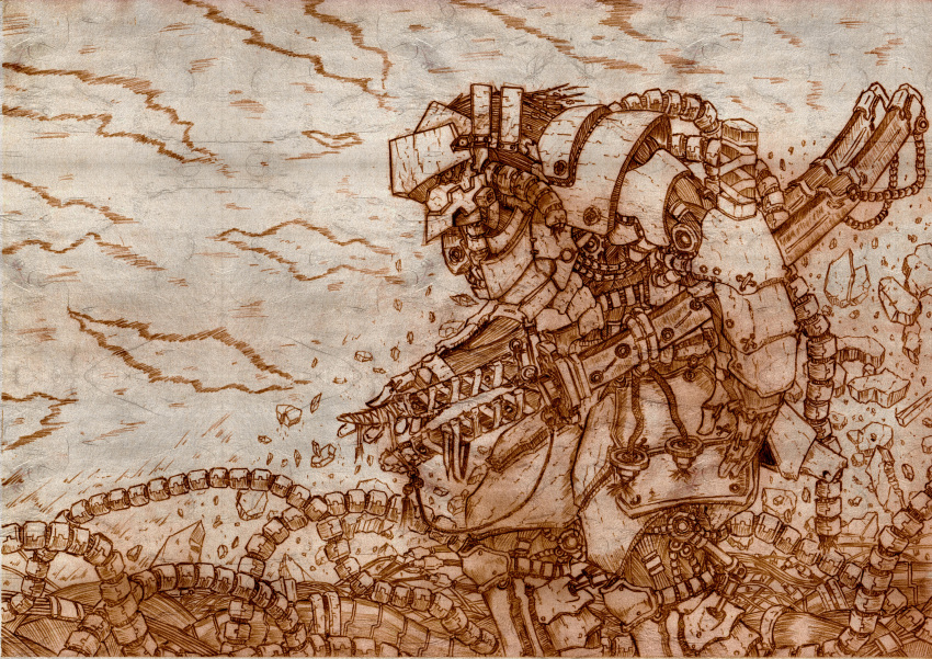 absurdres, debris, graphite_(medium), hashibami_arata, highres, katana, mecha, no_humans