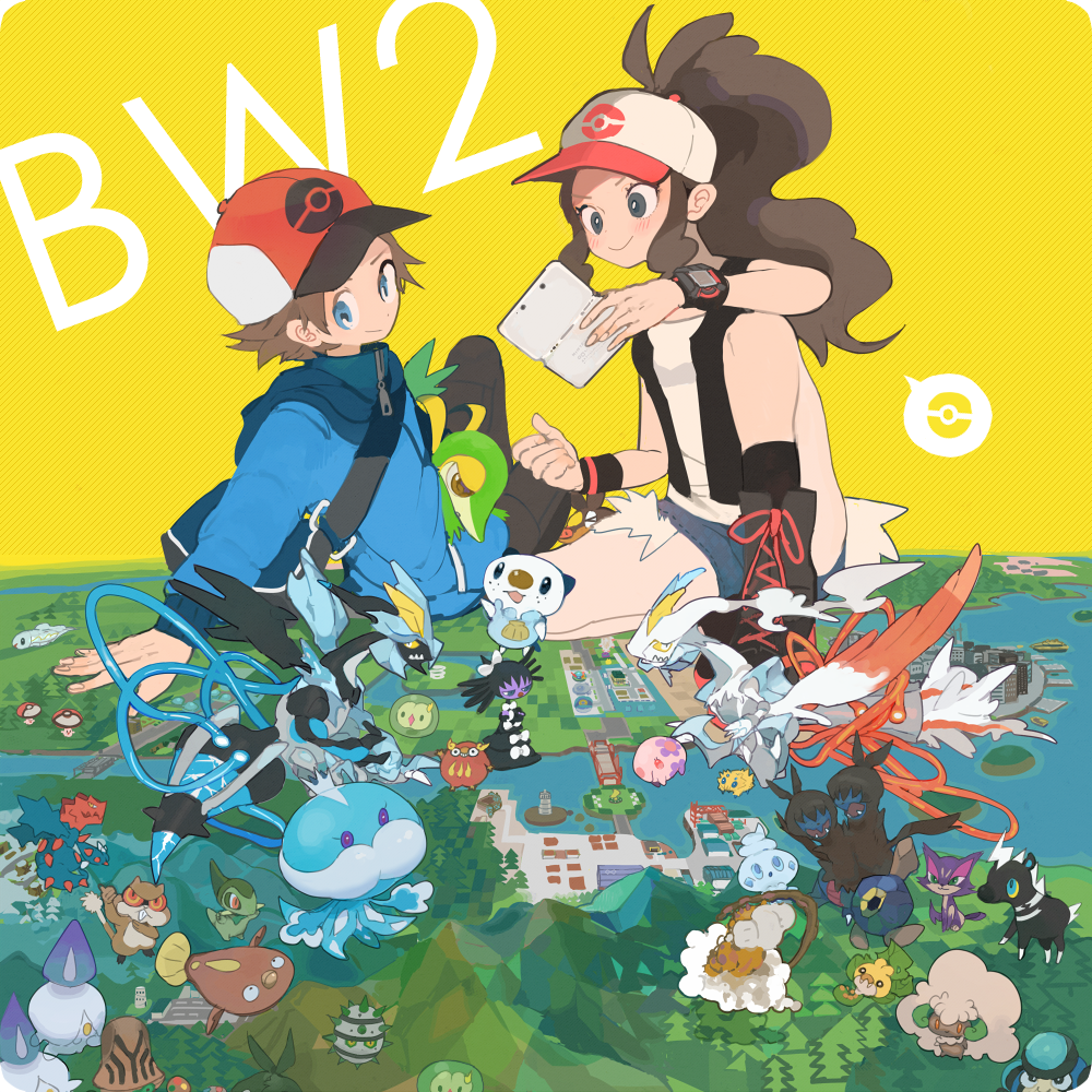 1girl, arm_support, axew, bag, baseball_cap, beheeyem, blitzle, blue_eyes, boots, brown_hair, cross-laced_footwear, darumaka, druddigon, ferroseed, foongus, giant, giantess, gothitelle, hat, jellicent, joltik, kyurem, lace-up_boots, landorus, landscape, litwick, long_hair, map, messenger_bag, munna, nintendo_ds, oshawott, ototoi, palpitoad, patrat, playing_games, pokemon, pokemon_(creature), pokemon_(game), pokemon_bw, ponytail, purrloin, roggenrola, sewaddle, short_hair, short_shorts, shorts, shoulder_bag, sleeveless, snivy, solosis, stunfisk, tepig, title_drop, touko_(pokemon), touya_(pokemon), trubbish, tynamo, vanillite, vest, whimsicott, wristband, zweilous