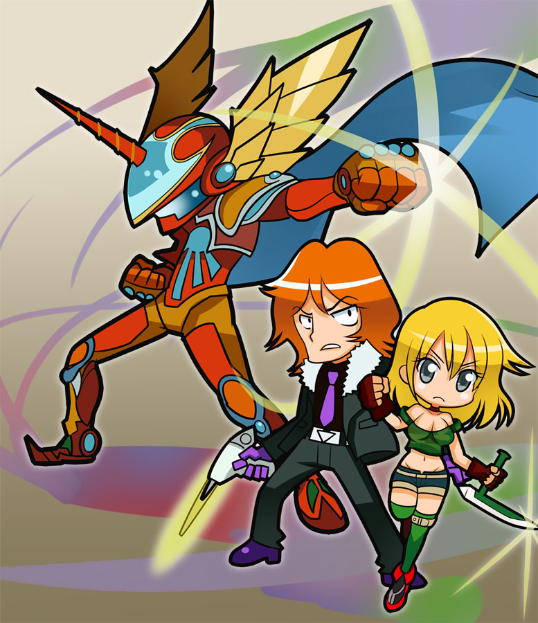 annie_(saga_frontier), armor, blonde_hair, breasts, cape, chibi, cleavage, clenched_hands, fighting_stance, fingerless_gloves, fuse_(saga_frontier), gloves, green_eyes, green_legwear, gun, head_wings, helmet, horn, kageneko, mound_of_venus, orange_hair, pose, saga, saga_frontier, short_shorts, shorts, thigh-highs, thighhighs, tonfa, weapon