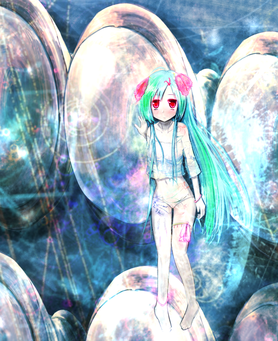 aqua_eyes, aqua_hair, barefoot, bow, bracelet, colorful, copyright_request, ipette-k