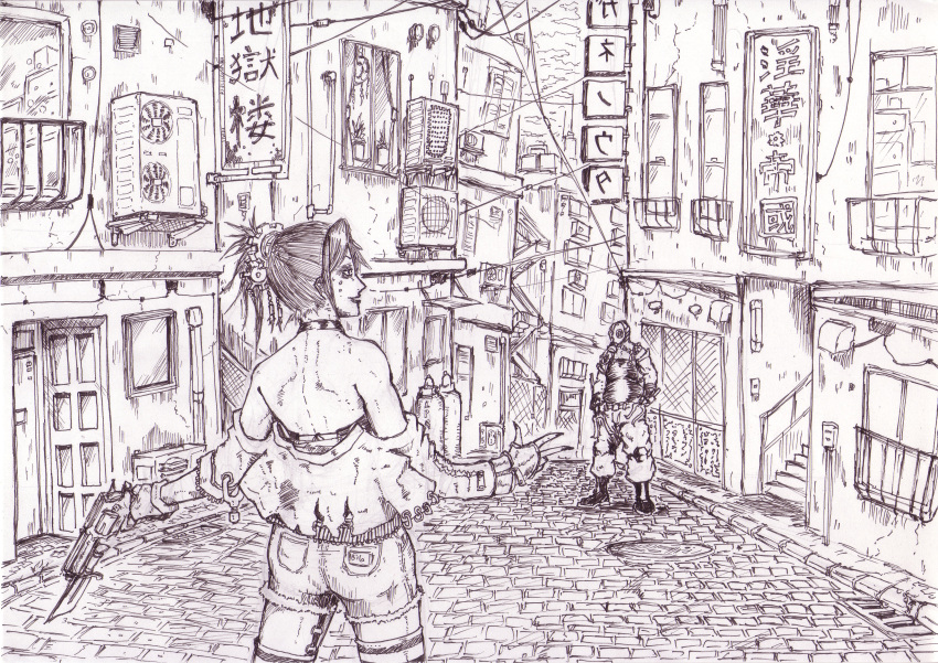 air_conditioner, bare_shoulders, boots, building, cobblestone, copyright_request, fingerless_gloves, fire_escape