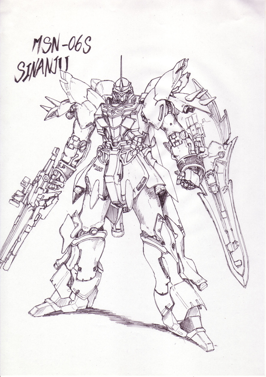 gundam_unicorn, hashibami_arata, highres, mecha, millipen_(medium), no_humans, sinanju, traditional_media