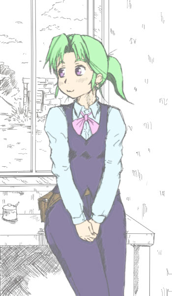 flat_color, green_hair, hashibami_arata, hatsuseno_alpha, lavender_eyes, leaning_back, looking_away, mixed_media