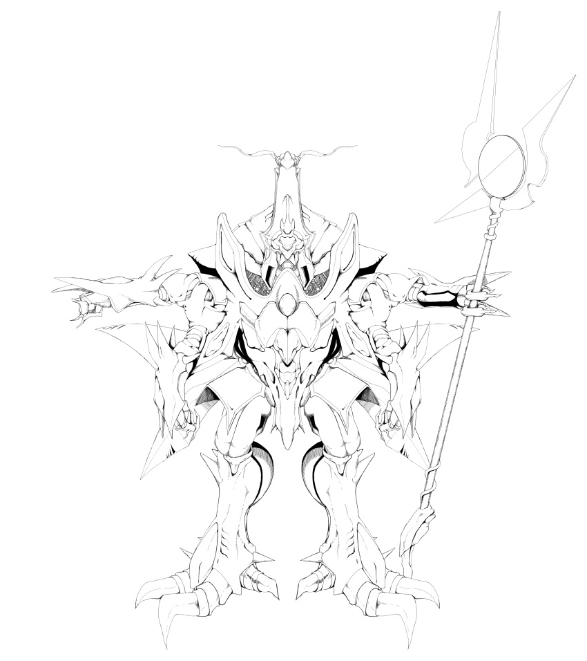 alcedes, antennae, choukou_gasshin_xardion, claws, extra_arms, hashibami_arata, highres, lineart, mecha, monochrome, multiple_arms, no_humans, staff, transparent_background, xardion_(game)