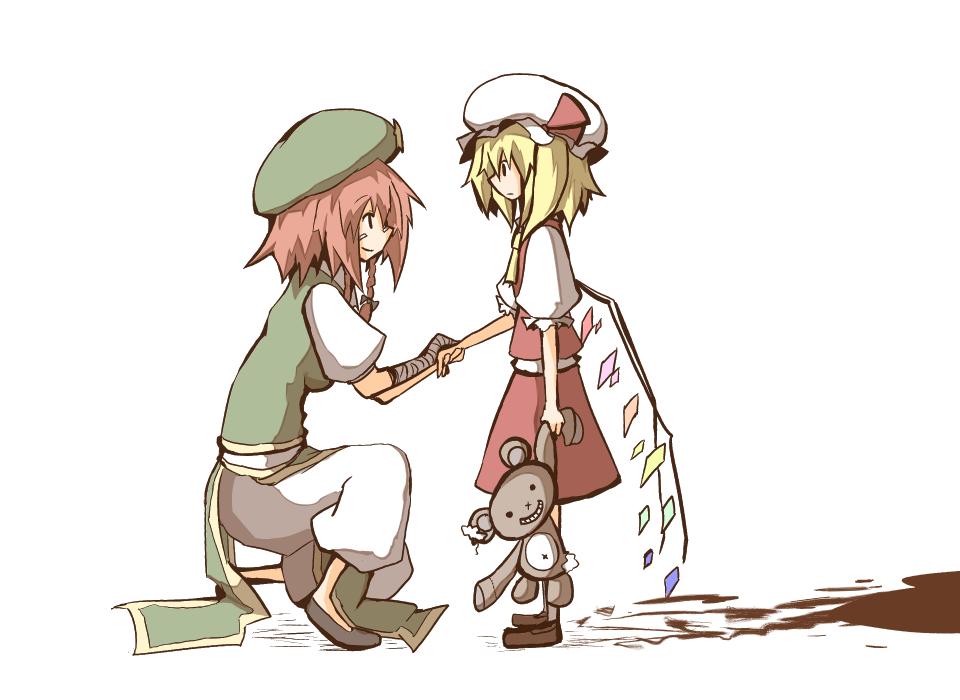 bandaid, blonde_hair, blood, braid, commentary, expressionless, flandre_scarlet, grin