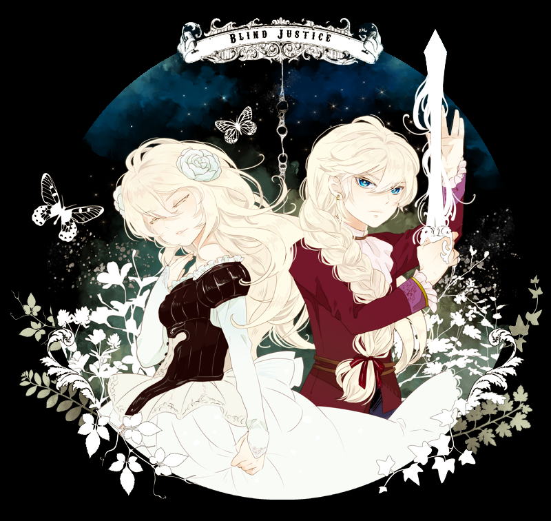 1girl, bare_shoulders, black_background, blind_justice, blonde_hair, blue_eyes, blue_rose, braid