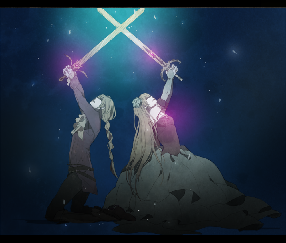 1girl, bare_shoulders, belt, blind_justice, blonde_hair, blue_rose, braid, brother_and_sister