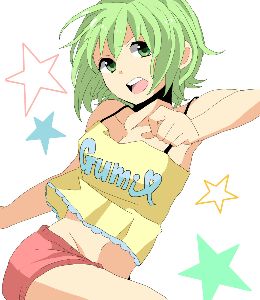 bare_shoulders, chatubo, green_eyes, green_hair, gumi, highres, navel, open_mouth