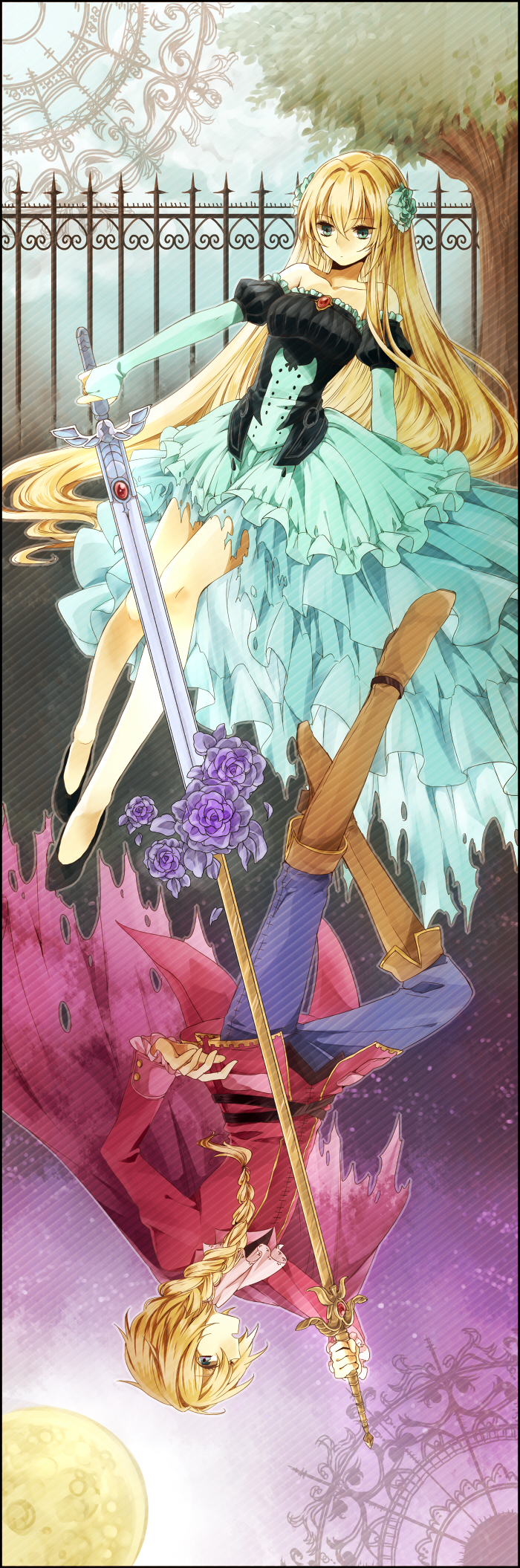 1girl, azusa_(sarie303030), bare_shoulders, blind_justice, blonde_hair, blue_eyes, blue_rose, boots