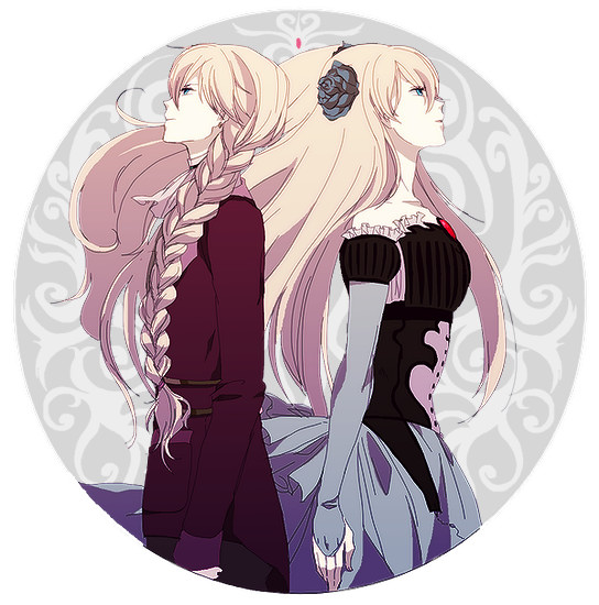 1girl, back-to-back, blind_justice, blonde_hair, blue_eyes, blue_rose, braid, brother_and_sister