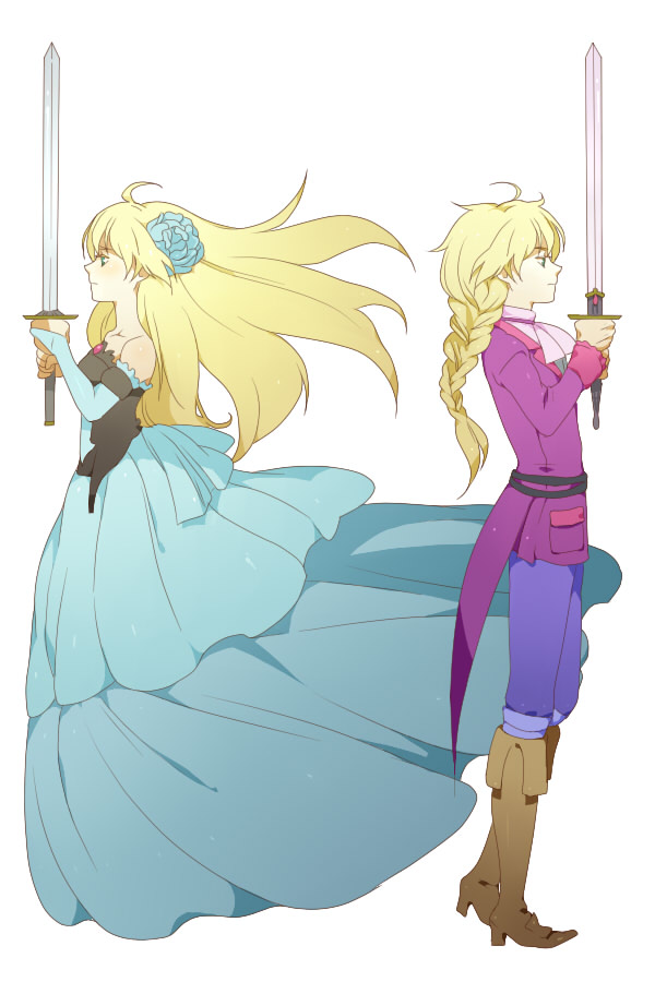 1girl, bare_shoulders, blind_justice, blonde_hair, blue_eyes, blue_rose, boots, braid