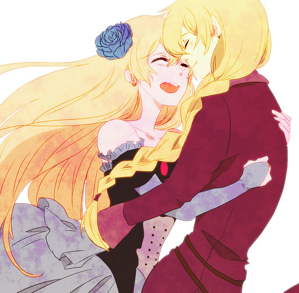 1girl, bare_shoulders, blind_justice, blonde_hair, blue_rose, braid, brother_and_sister, closed_eyes