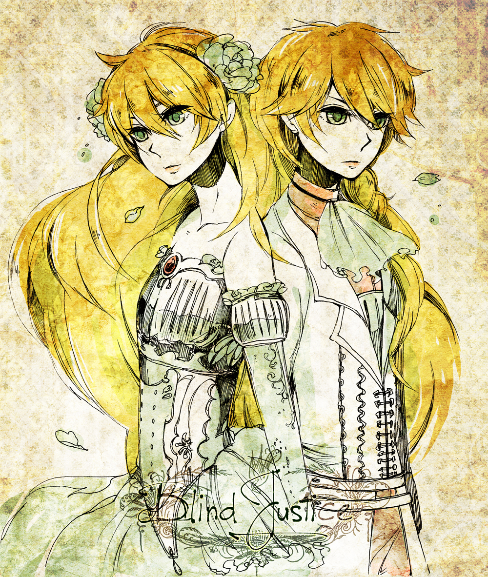 1girl, bare_shoulders, blind_justice, blonde_hair, blue_eyes, blue_rose, braid, brother_and_sister