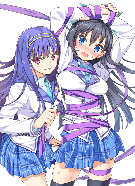 arms_up, bdsm, black_hair, black_legwear, blazer, blue_eyes, blue_hair, blush