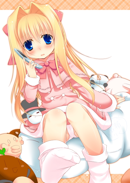 bad_id, blonde_hair, blue_eyes, blush, cellphone, feet, hair_intakes, inose_riku