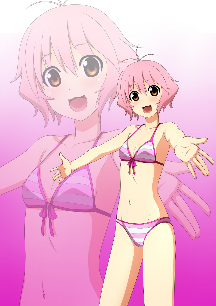 antenna_hair, bangs, bare_shoulders, bikini, blush, front-tie_bikini, front-tie_top, gradient