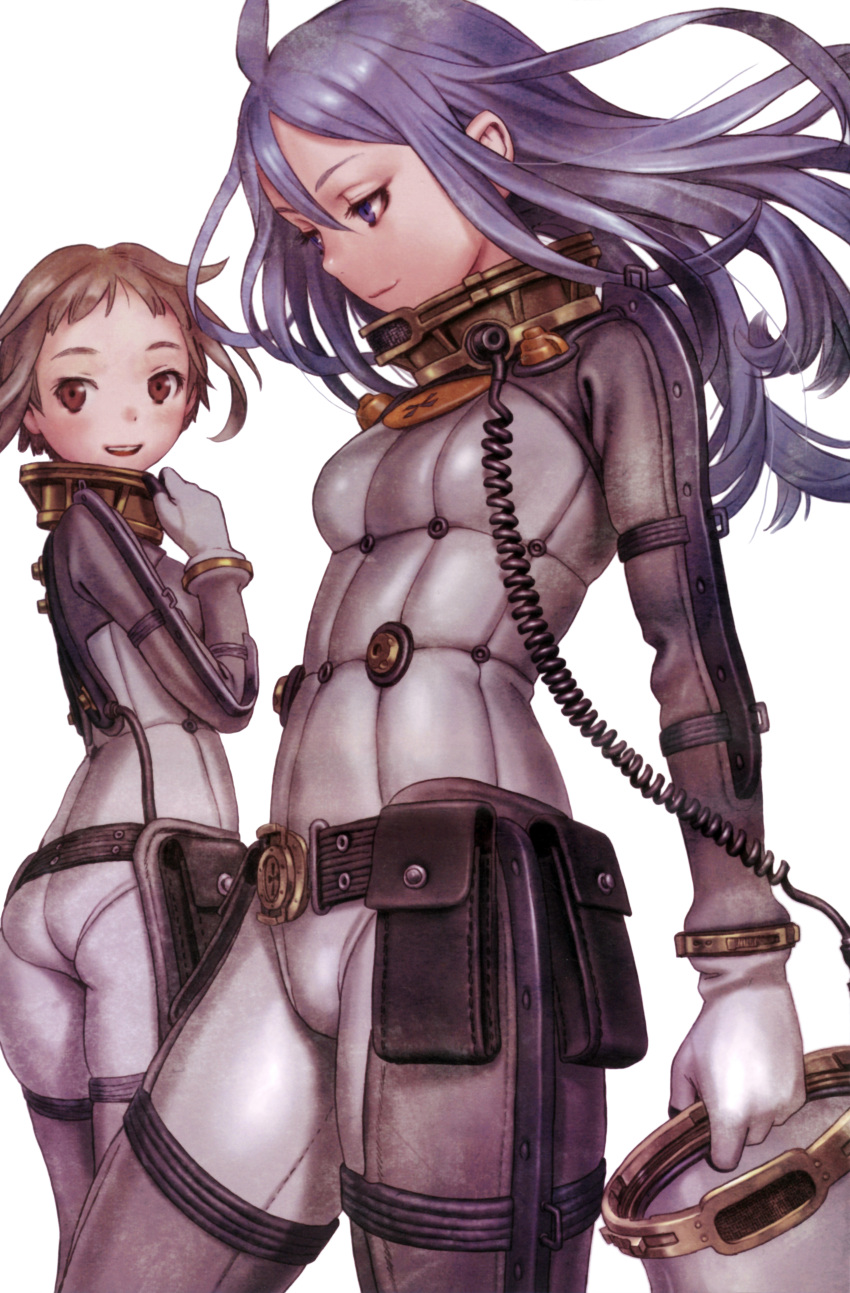 absurdres, ahoge, ass, belt, blue_eyes, blue_hair, bodysuit, brown_eyes, brown_hair, dian_(last_exile), helmet, highres, last_exile:_ginyoku_no_fam, long_hair, magnolia_(last_exile), multiple_girls, murata_renji, scan, short_hair, smile
