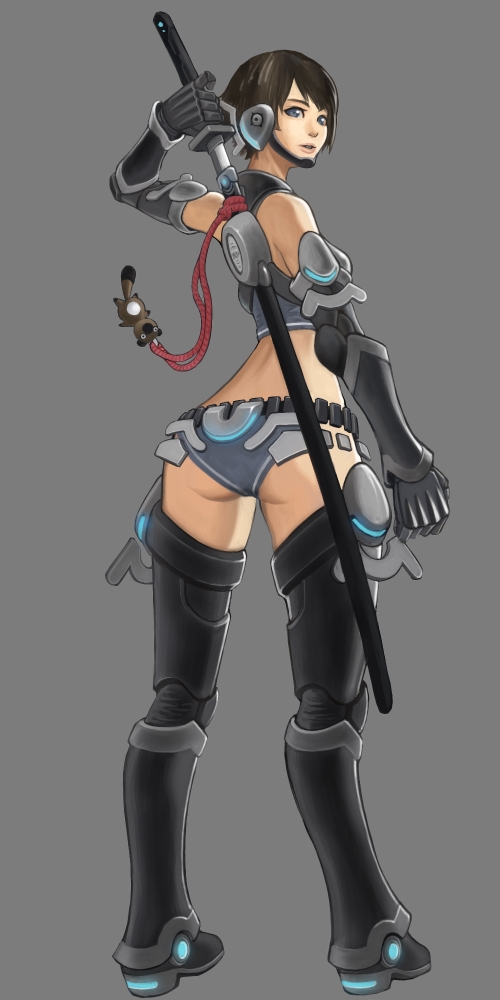 555, ass, bare_shoulders, blue_eyes, boots, brown_hair, katana, looking_back, original, short_hair, simple_background, solo, sword, weapon