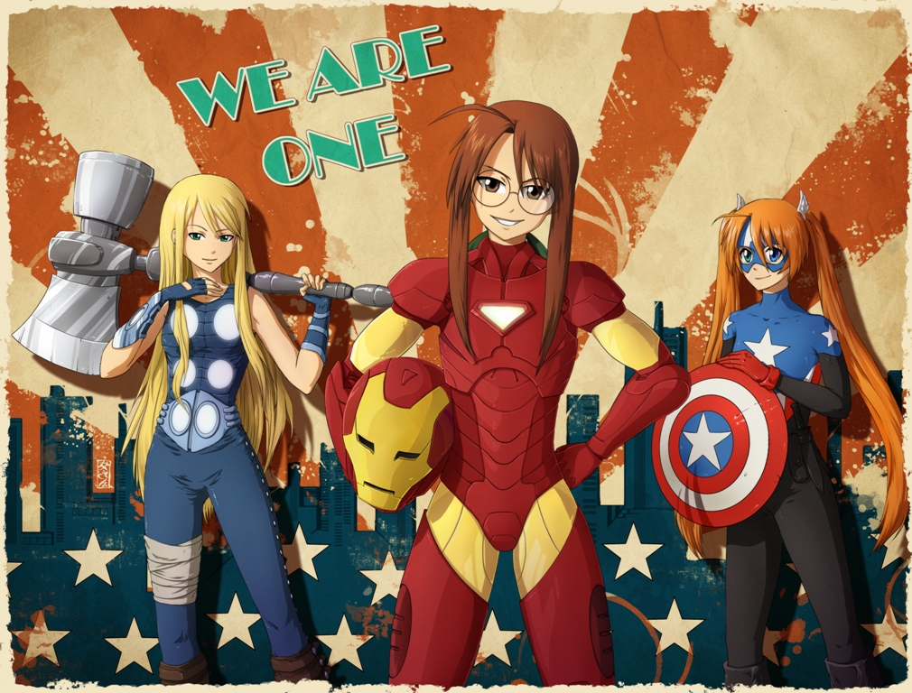 avengers, blonde_hair, brown_hair, captain_america, cosplay, crossover, extremis_armor, glasses
