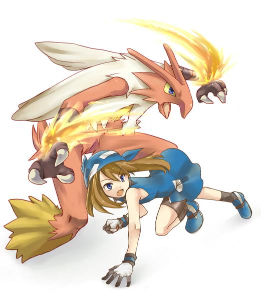 1girl, bandana, bike_shorts, blaziken, brown_hair, fang, holding, holding_poke_ball, odamaki_sapphire, poke_ball, pokemon, pokemon_(creature), pokemon_special, unagi_(kobucha_blaster)