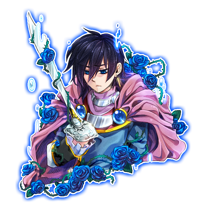 black_hair, blue_eyes, blue_rose, cape, flower, frown, leon_magnus, liel, male, rose, solo, sword, tales_of_(series), tales_of_destiny, transparent_background, weapon