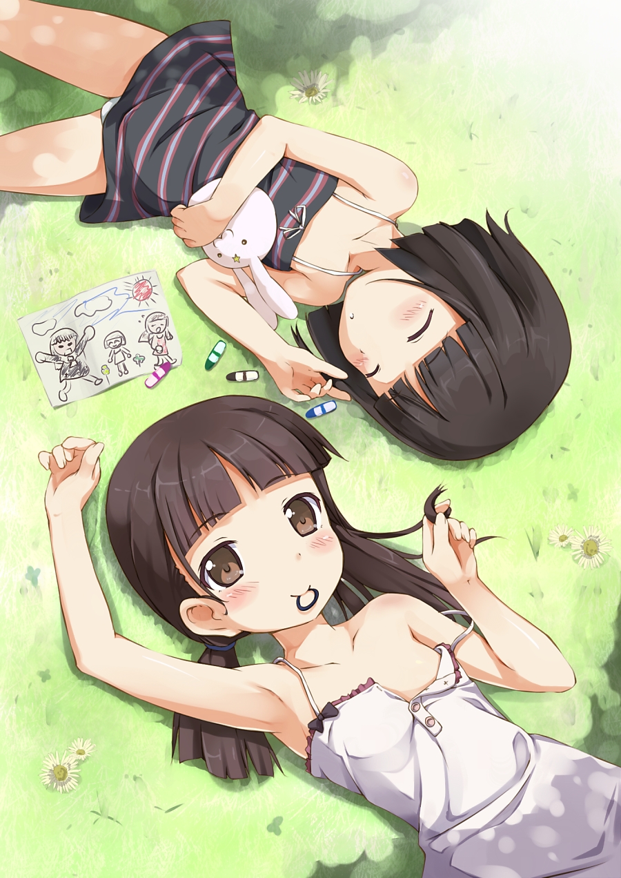 arm_up, armpits, black_hair, blush, bob_cut, brown_eyes, brown_hair, closed_eyes, comet-kun, crayon, drawing, eyes_closed, gokou_hinata, gokou_tamaki, grass, highres, kotobamaru, long_hair, lying, mouth_hold, multiple_girls, on_back, ore_no_imouto_ga_konna_ni_kawaii_wake_ga_nai, panties, playing_with_hair, short_hair, siblings, sisters, sleeping, twintails, underwear, white_panties
