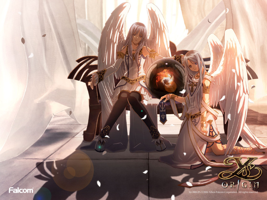 2girls, angel_wings, black_legwear, curtains, dress, expressionless, falcom, feena_(ys)