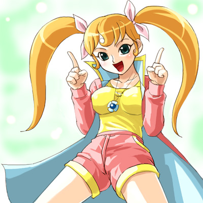 70s, artist_request, blonde_hair, bow, green_eyes, hair_bow, haruyama, jacket, jewelry, long_hair, lowres, majokko_tickle, necklace, pointing, shirt, shorts, smile, solo, tiko_(majokko_tickle), twintails