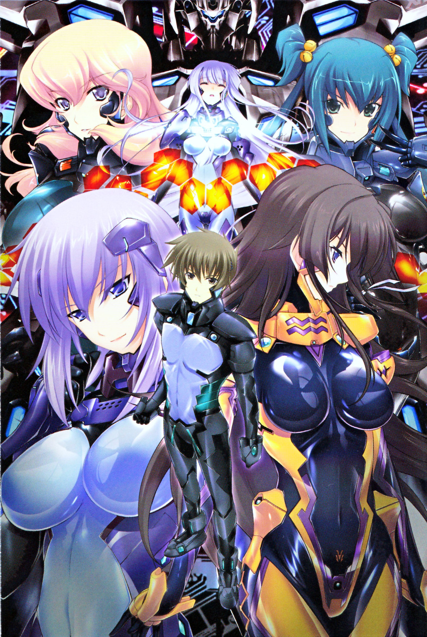 1boy, 5girls, absurdres, blonde_hair, blue_eyes, blue_hair, bodysuit, breasts, brown_eyes, brown_hair, cryska_barchenowa, cui_yifei, green_eyes, green_hair, hair_ornament, highres, inia_sestina, large_breasts, long_hair, mecha, multiple_girls, muvluv, muvluv_alternative, muvluv_total_eclipse, official_art, purple_eyes, sharon_heim, takamura_yui, total_eclipse, twintails, xfj-01a_shiranui_second_unit_1, yuuya_bridges
