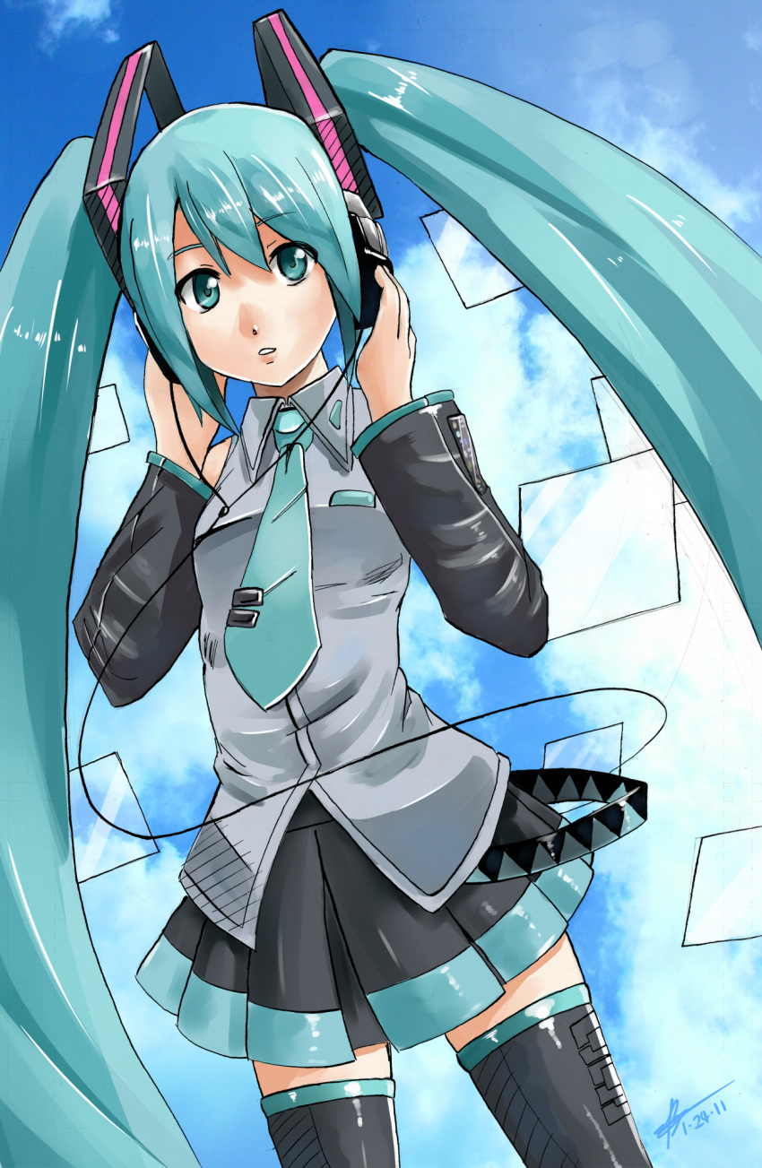 aqua_eyes, aqua_hair, error_(artist), hands_on_headphones, hatsune_miku, headphones, headset, highres, long_hair, microphone, solo, thigh-highs, thighhighs, twintails, vocaloid