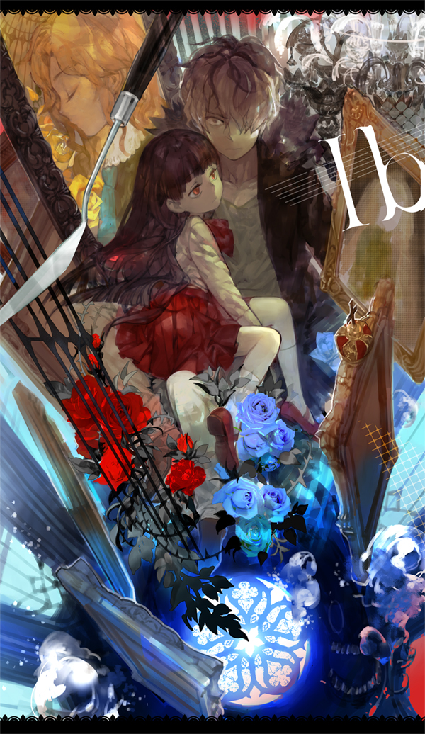 2girls, blonde_hair, blue_rose, brown_hair, closed_eyes, coat, dress, eve_(ib)