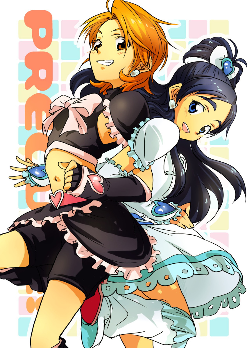 back-to-back, bike_shorts, black_dress, black_hair, blue_eyes, blush, boots, bow