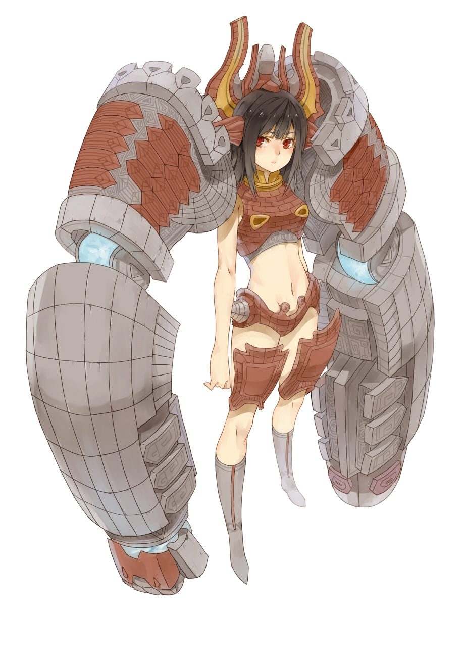 armor, armored_twintails, black_hair, boots, character_request, gauntlets, highres, midriff