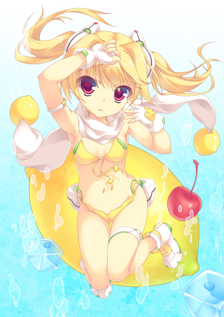 aoi_sora-maru, arm_up, armpits, bare_shoulders, bikini, blonde_hair, boots, breasts