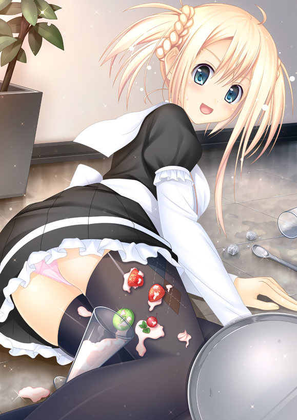 :d, ahoge, aqua_eyes, argyle, black_legwear, blonde_hair, blue_eyes, blush