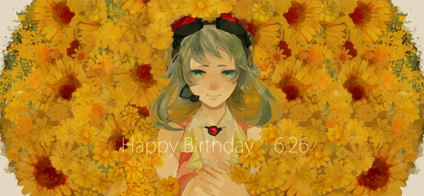 bad_id, dated, flower, goggles, goggles_on_head, green_eyes, green_hair, gumi